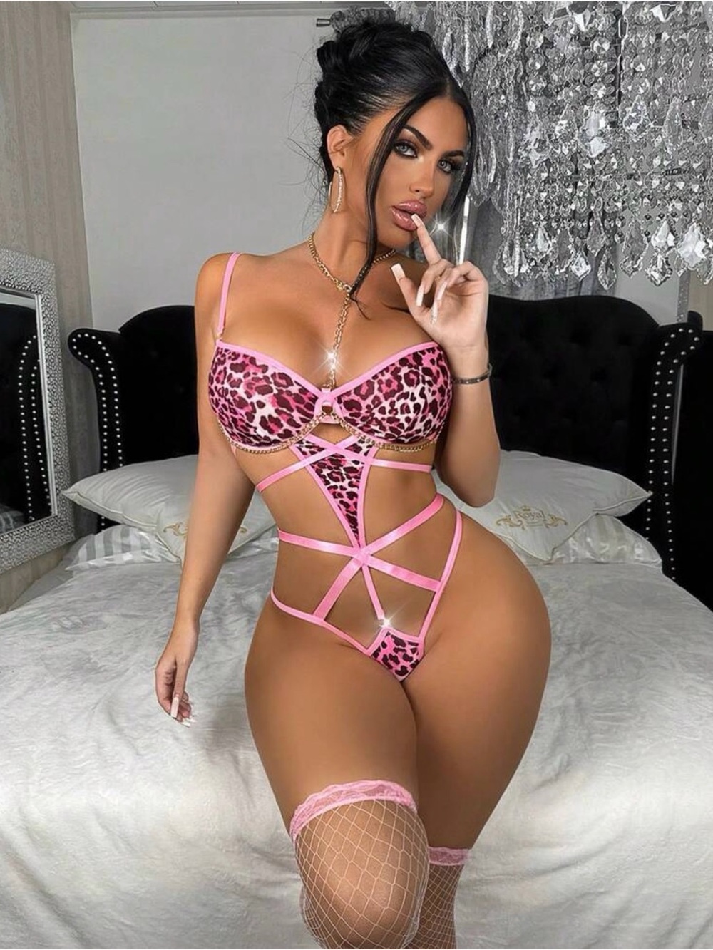 BRAND NEW Women's Sexy Lingerie Metal Chain Halter Leopard Print